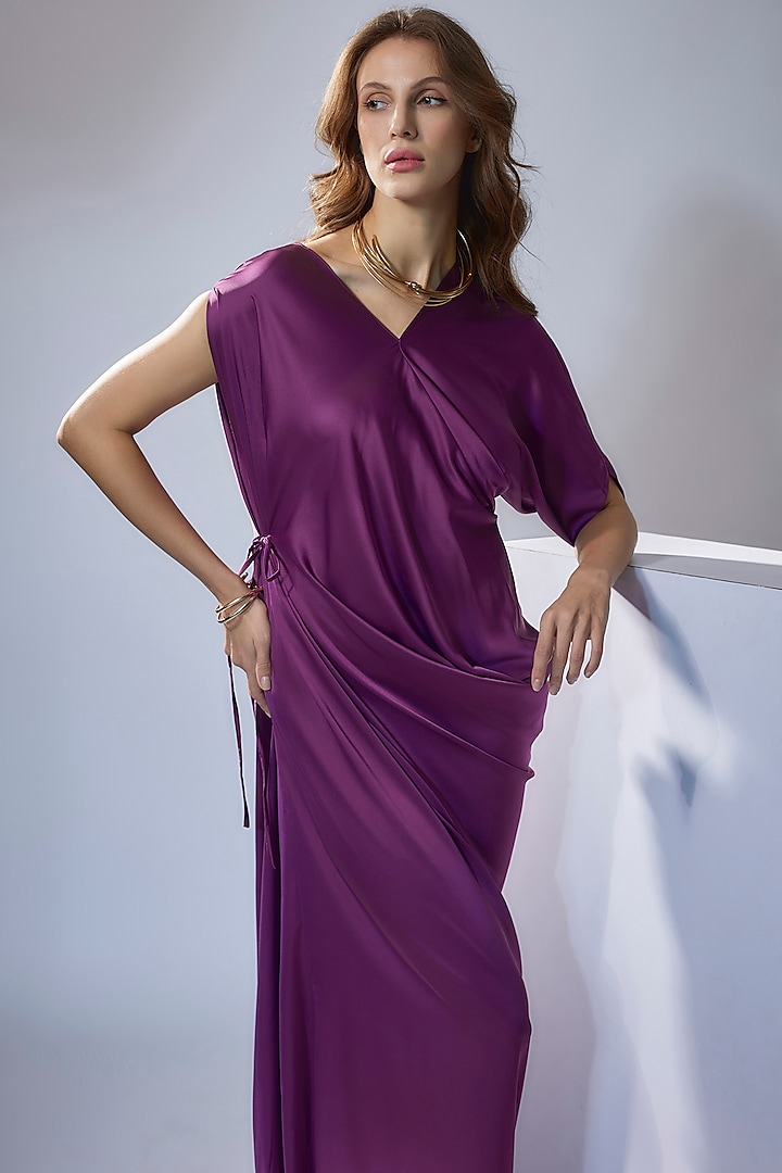 Wine Satin Draped Gown by NA-KA at Pernia's Pop Up Shop