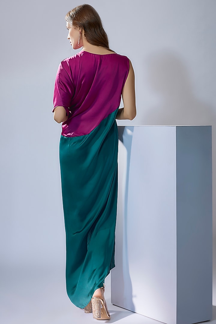 Wine & Sea Green Satin Draped Gown by NA-KA at Pernia's Pop Up Shop