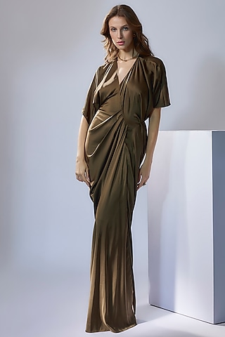 Moss Green Satin Draped Gown by NA-KA