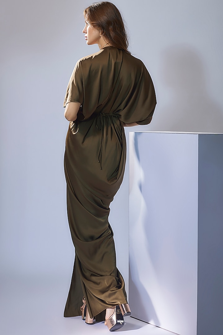 Moss Green Satin Draped Gown by NA-KA at Pernia's Pop Up Shop