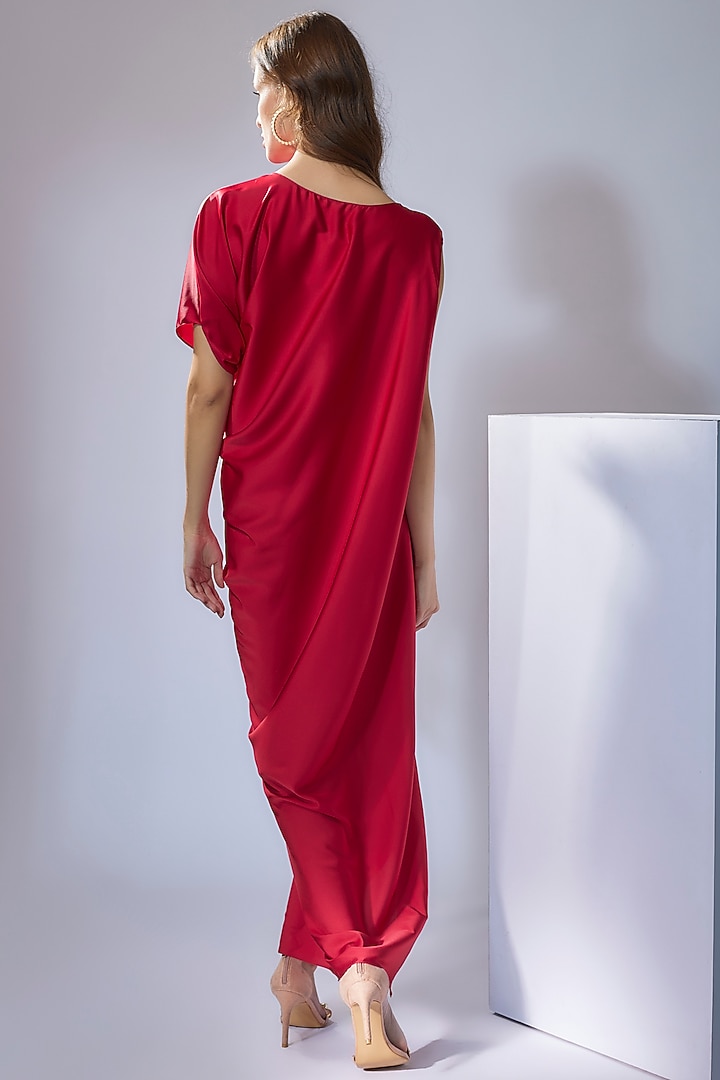 Red Satin Cowl Draped Gown by NA-KA at Pernia's Pop Up Shop