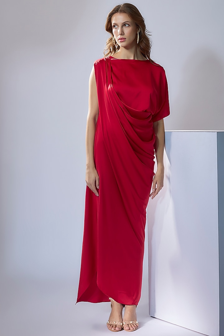 Red Satin Cowl Draped Gown by NA-KA at Pernia's Pop Up Shop