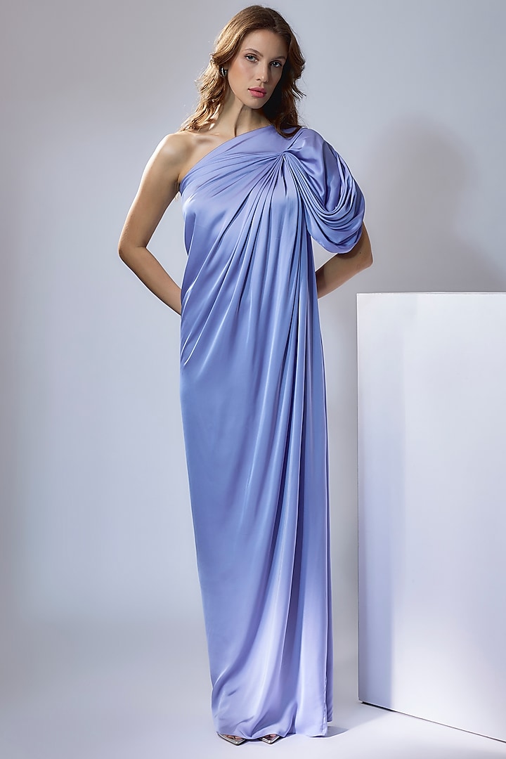 Periwinkle Blue Satin One-Shoulder Draped Gown by NA-KA