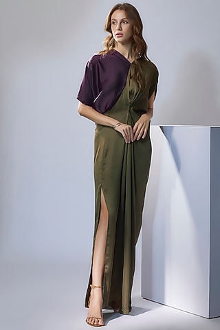 Olive & Eggplant Purple Satin Draped Gown by NA-KA