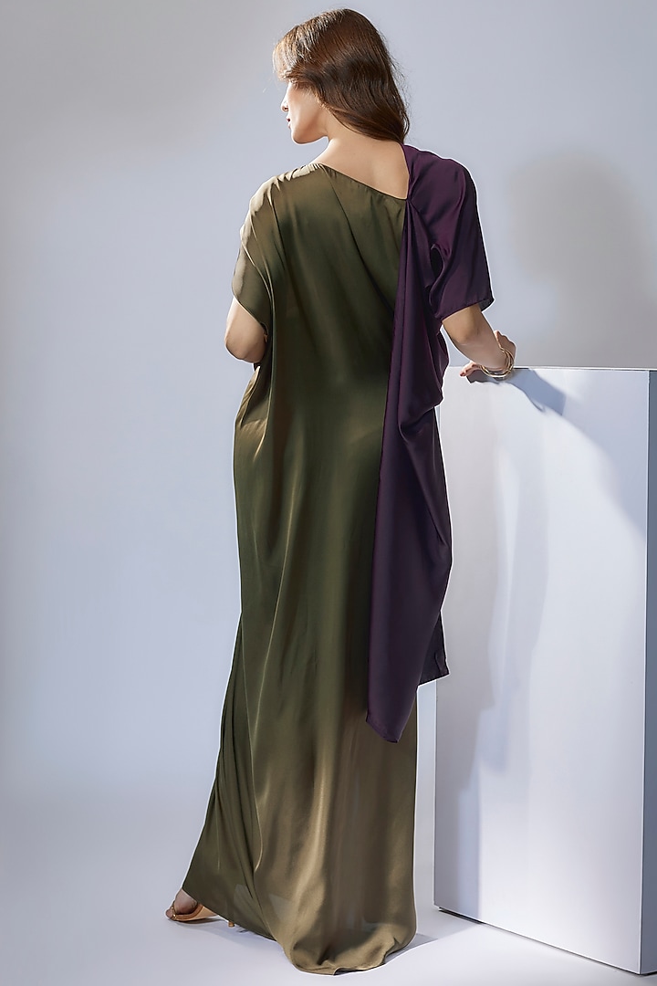 Olive & Eggplant Purple Satin Draped Gown by NA-KA at Pernia's Pop Up Shop