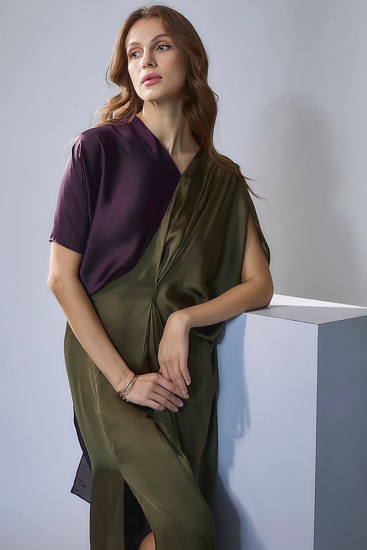 Olive & Eggplant Purple Satin Draped Gown by NA-KA at Pernia's Pop Up Shop