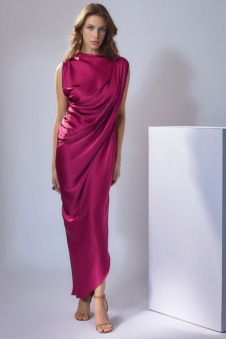 Fuschia Pink Satin Draped Summer Dress by NA-KA at Pernia's Pop Up Shop