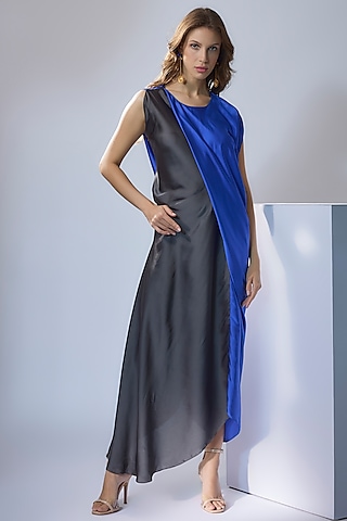Grey & Electric Blue Satin Color Blocked Dress by NA-KA