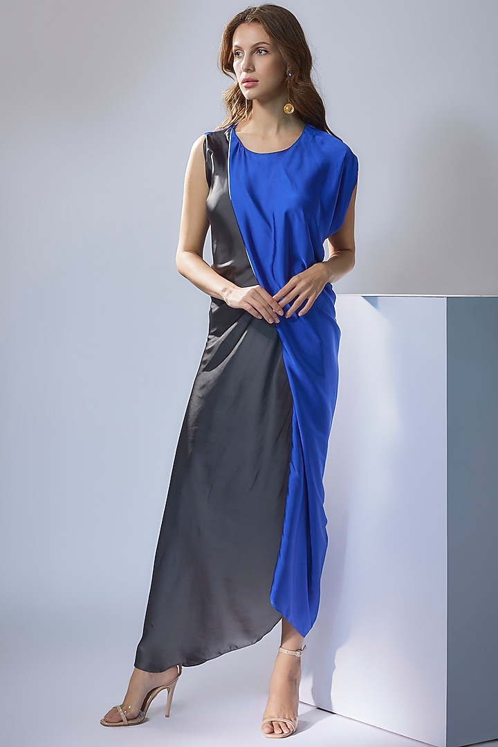 Grey & Electric Blue Satin Color Blocked Summer Dress by NA-KA at Pernia's Pop Up Shop