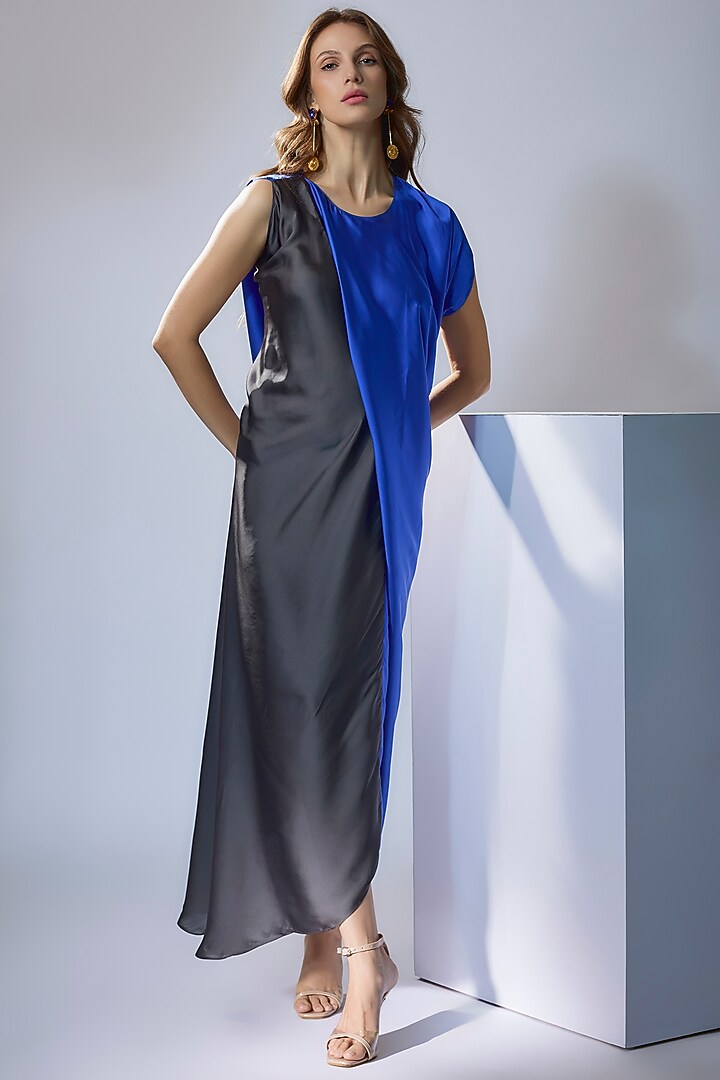 Grey & Electric Blue Satin Color Blocked Summer Dress by NA-KA at Pernia's Pop Up Shop