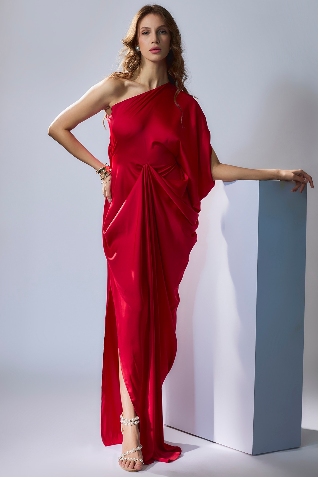 Red satin discount one shoulder dress