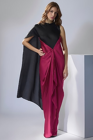 Black & Maroon Satin Draped Gown by NA-KA