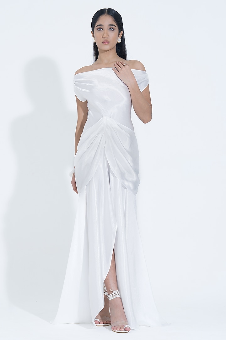 White Silk Draped Off-Shoulder Gown by NA-KA at Pernia's Pop Up Shop