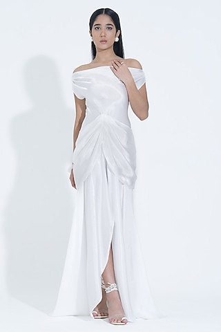 White Silk Draped Off-Shoulder Gown by NA-KA