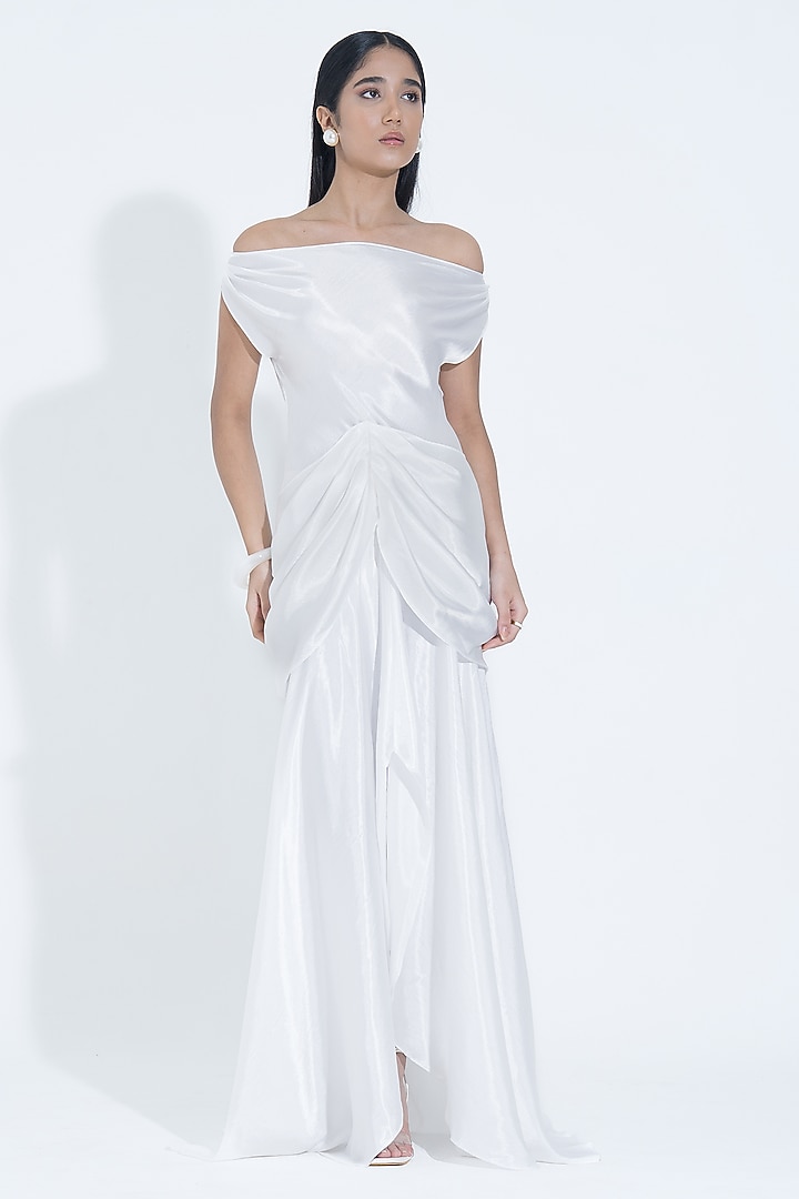 White Silk Draped Off-Shoulder Gown by NA-KA at Pernia's Pop Up Shop