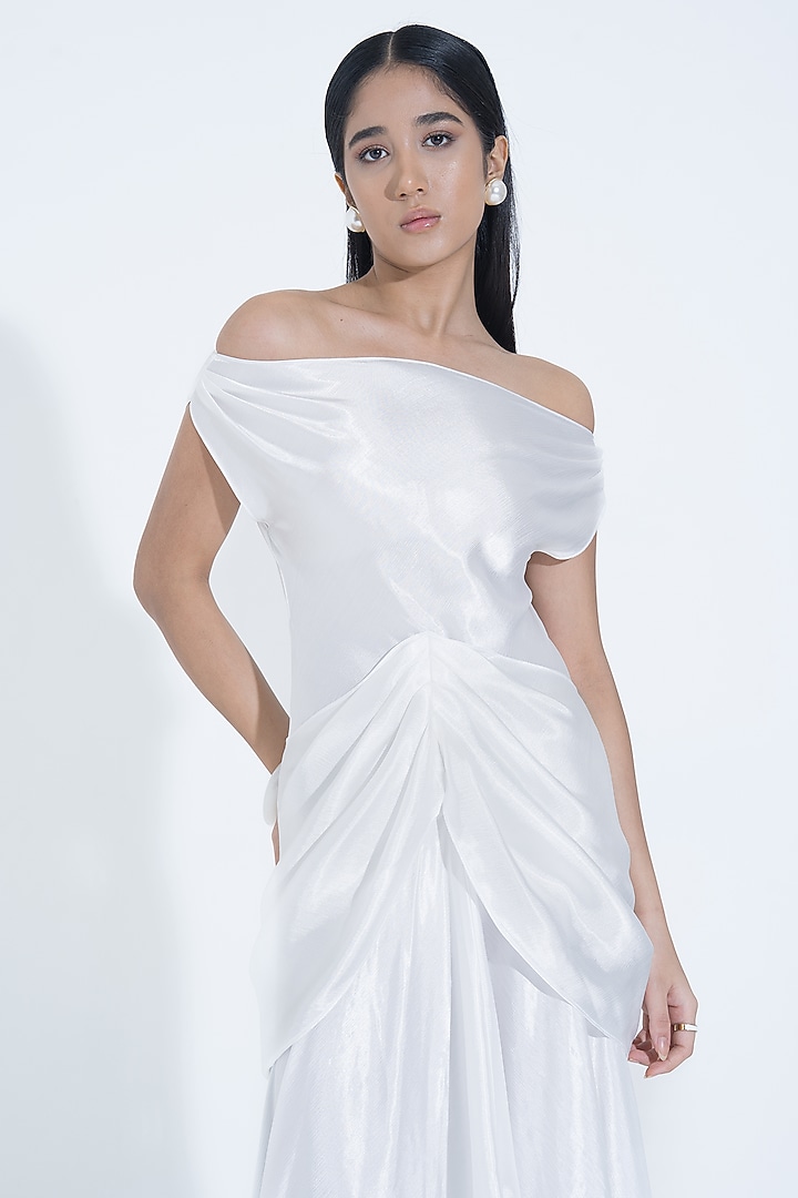 White Silk Draped Off-Shoulder Gown by NA-KA at Pernia's Pop Up Shop