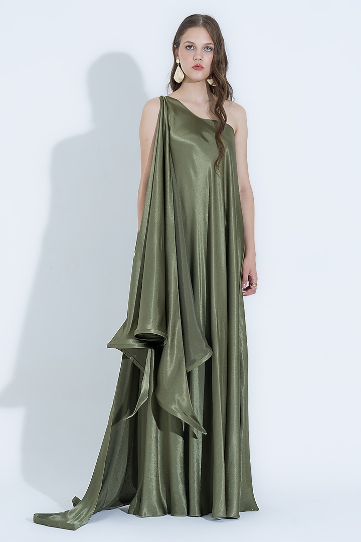Olive Green Silk Asymmetrical Gown by NA-KA at Pernia's Pop Up Shop