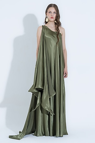 Olive Green Silk Asymmetrical Gown by NA-KA