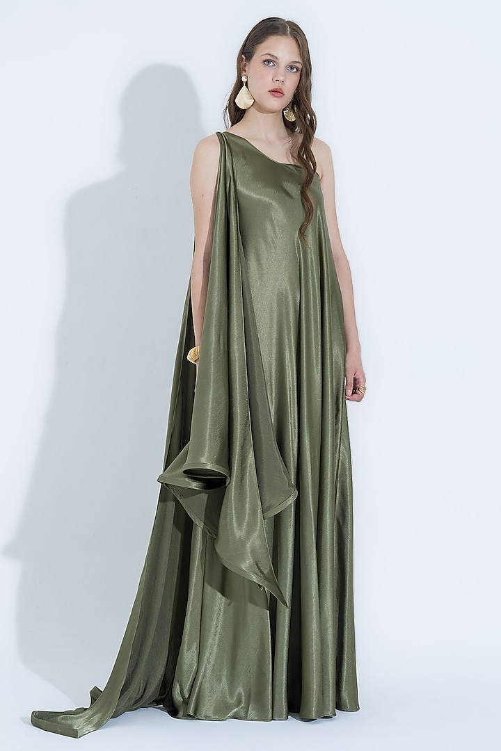 Olive Green Silk Asymmetrical Gown by NA-KA at Pernia's Pop Up Shop