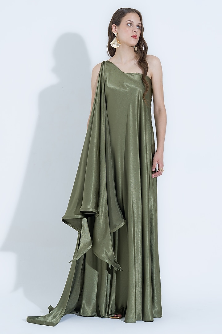 Olive Green Silk Asymmetrical Gown by NA-KA at Pernia's Pop Up Shop