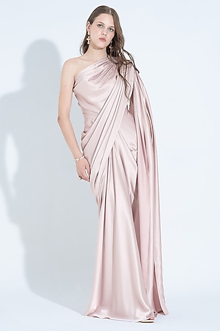 Pale Blush Satin One-Shoulder Pleated Gown by NA-KA