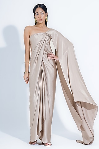 White Gold Silk Draped Slit Gown by NA-KA