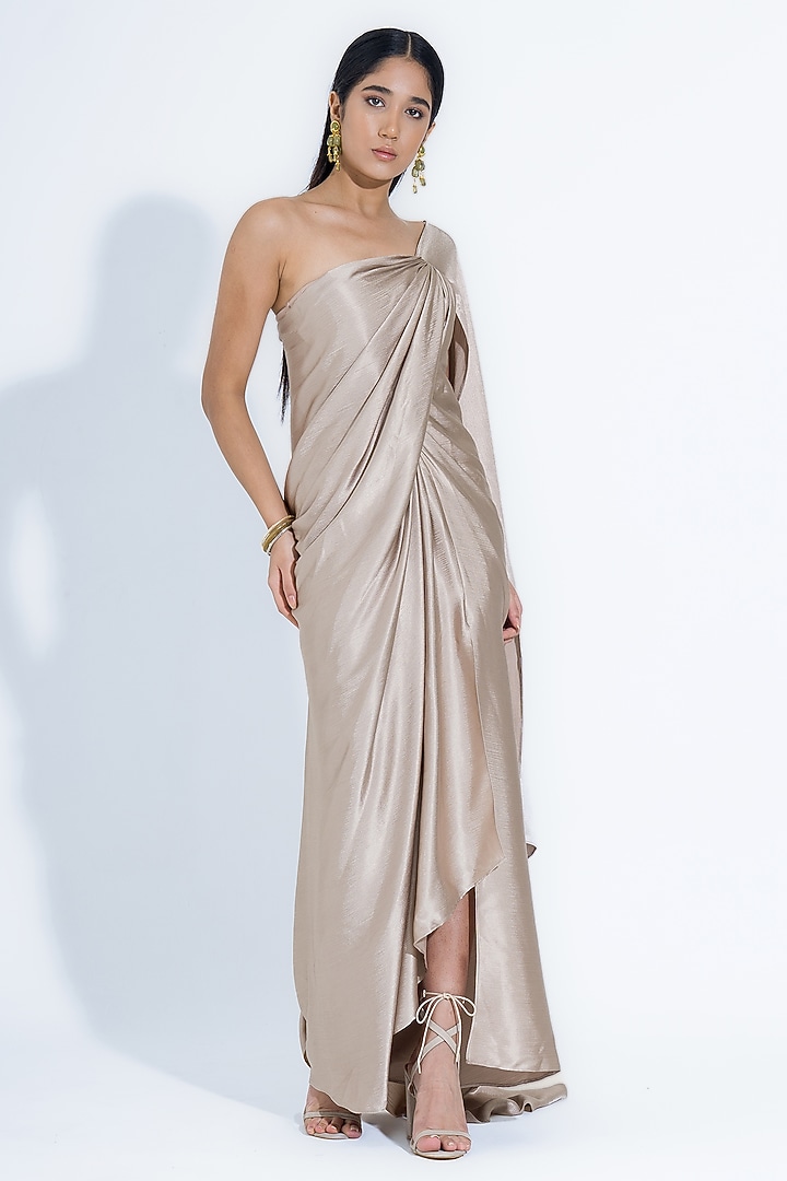 White Gold Silk Draped Slit Gown by NA-KA at Pernia's Pop Up Shop