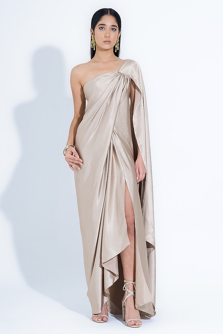 White Gold Silk Draped Slit Gown by NA-KA at Pernia's Pop Up Shop