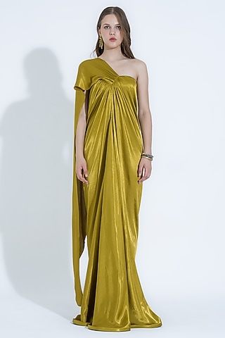 Pear Green Silk Asymmetrical One-Shoulder Gown by NA-KA