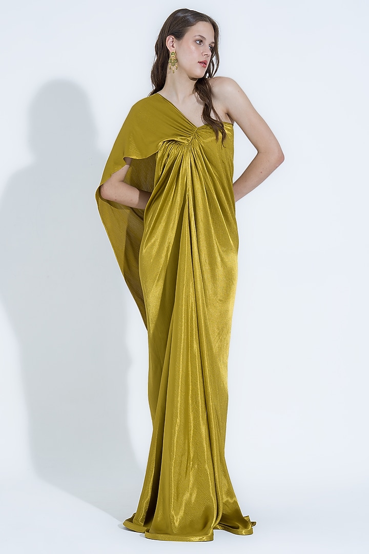 Pear Green Silk Asymmetrical One-Shoulder Gown by NA-KA at Pernia's Pop Up Shop