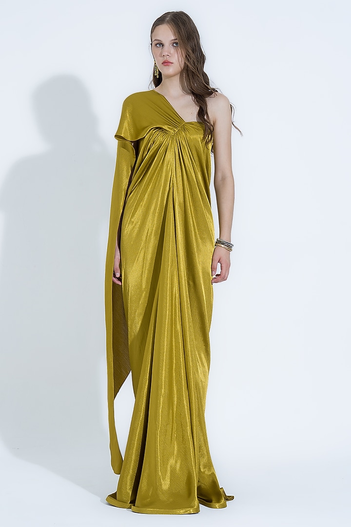 Pear Green Silk Asymmetrical One-Shoulder Gown by NA-KA at Pernia's Pop Up Shop