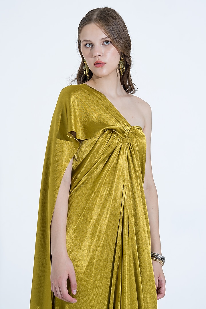 Pear Green Silk Asymmetrical One-Shoulder Gown by NA-KA at Pernia's Pop Up Shop