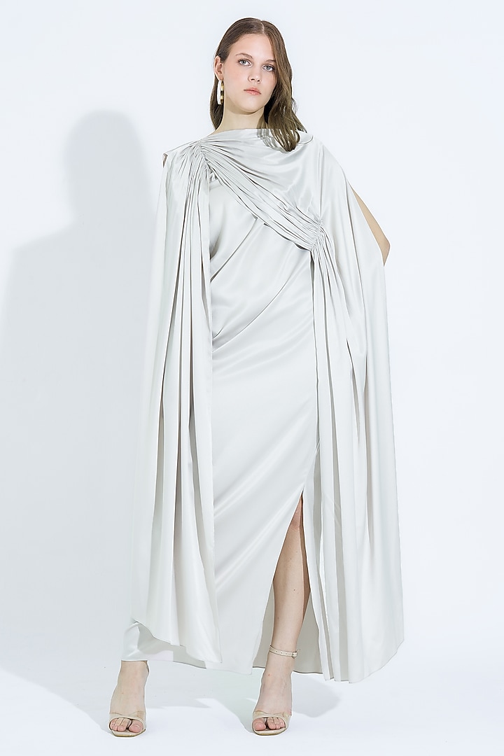 Ivory Satin Draped Cape Gown by NA-KA at Pernia's Pop Up Shop