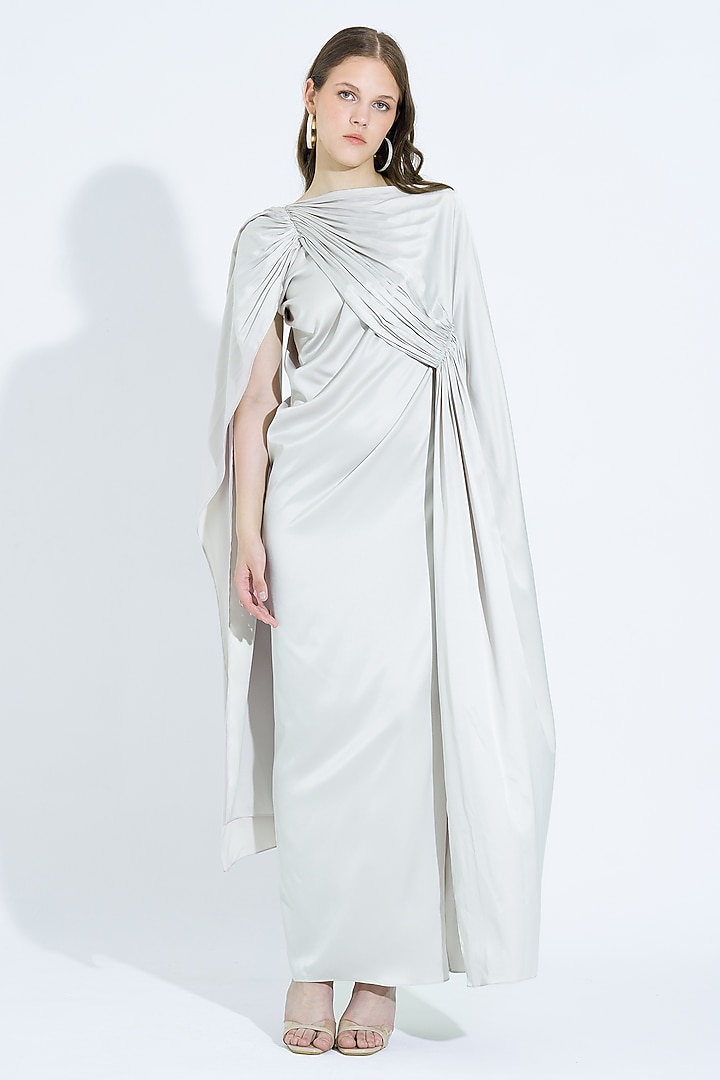 Ivory Satin Draped Cape Gown by NA-KA at Pernia's Pop Up Shop
