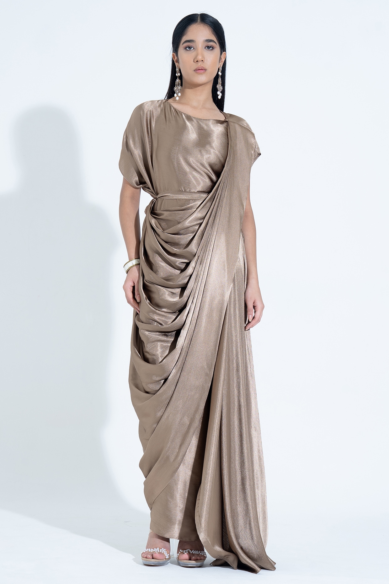 NA-KA Antique Gold Silk Kaftan-Style Trail Gown