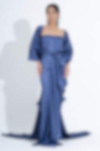 Petrol Blue Silk Off-Shoulder Party Wear Gown With Butterfly Jacket by NA-KA at Pernia's Pop Up Shop