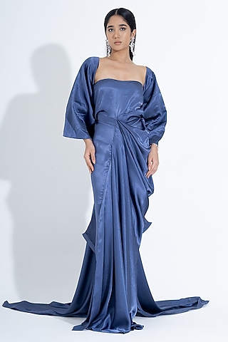 Petrol Blue Silk Off-Shoulder Gown With Butterfly Jacket by NA-KA