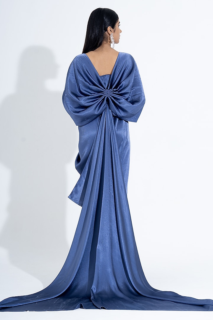 Petrol Blue Silk Off-Shoulder Party Wear Gown With Butterfly Jacket by NA-KA at Pernia's Pop Up Shop