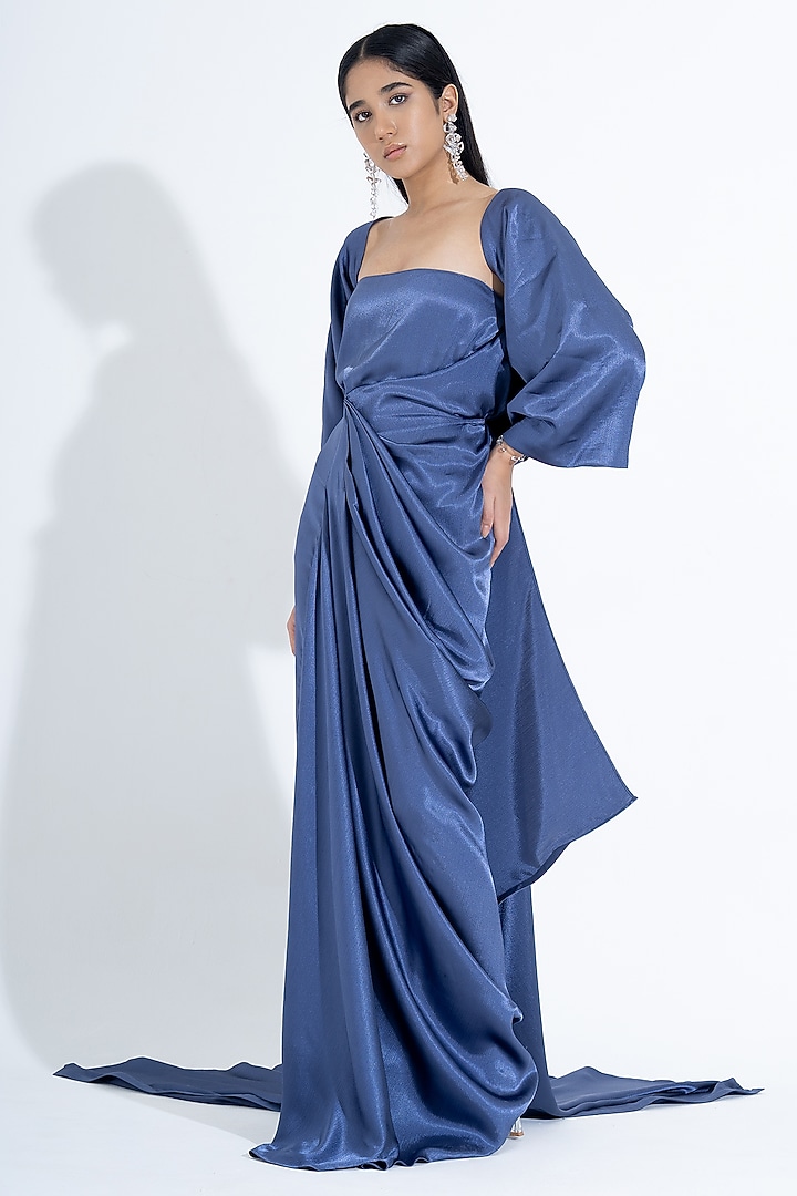 Petrol Blue Silk Off-Shoulder Party Wear Gown With Butterfly Jacket by NA-KA at Pernia's Pop Up Shop