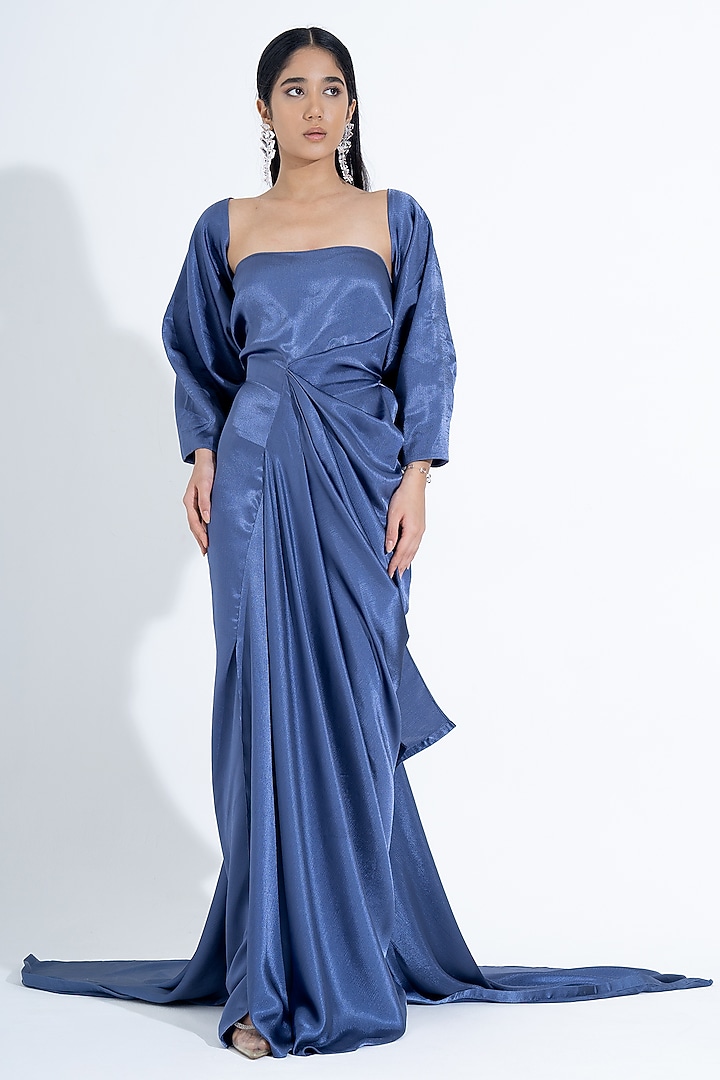Petrol Blue Silk Off-Shoulder Party Wear Gown With Butterfly Jacket by NA-KA at Pernia's Pop Up Shop