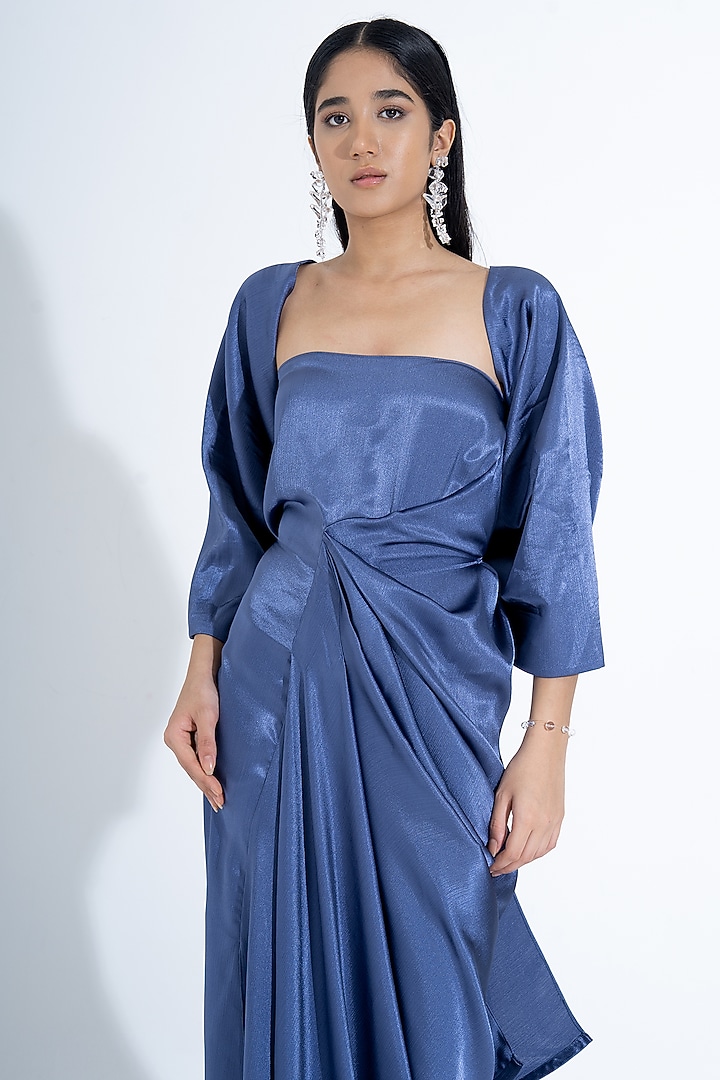 Petrol Blue Silk Off-Shoulder Party Wear Gown With Butterfly Jacket by NA-KA at Pernia's Pop Up Shop