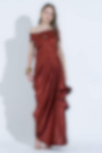 Rust Silk Off-Shoulder Party Wear Gown With Shoulder Flap by NA-KA at Pernia's Pop Up Shop