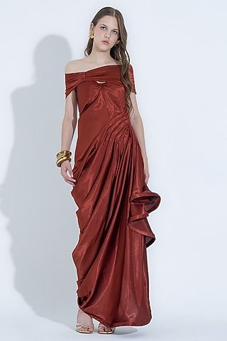 Rust Silk Off-Shoulder Gown With Shoulder Flap by NA-KA