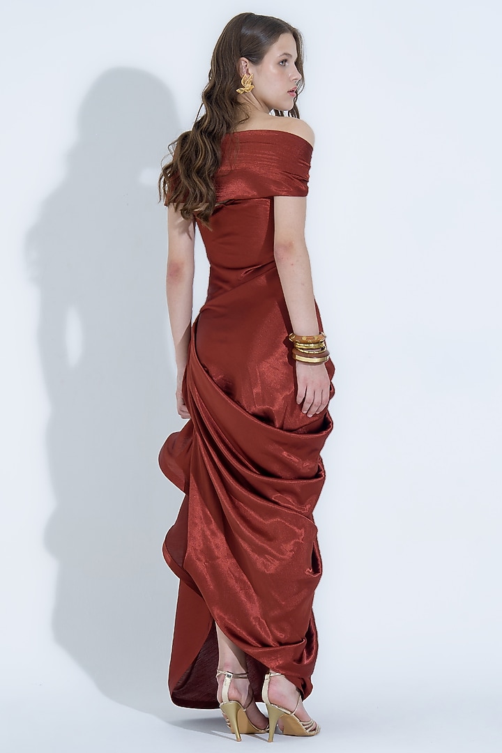 Rust Silk Off-Shoulder Party Wear Gown With Shoulder Flap by NA-KA at Pernia's Pop Up Shop