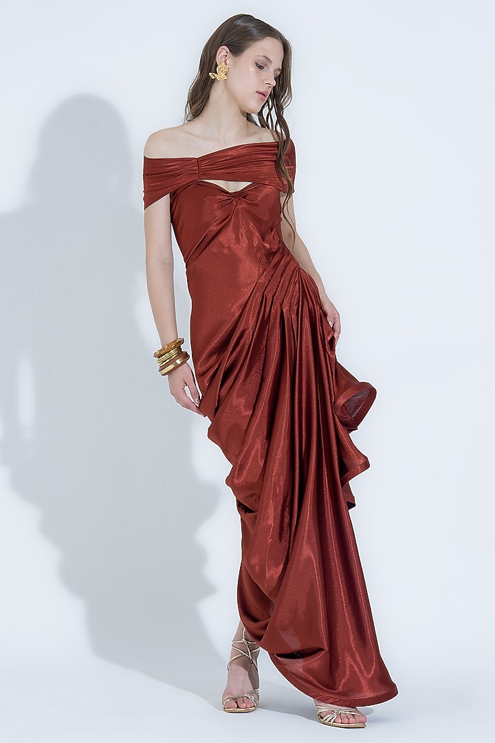 Rust Silk Off-Shoulder Party Wear Gown With Shoulder Flap by NA-KA at Pernia's Pop Up Shop