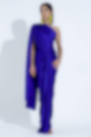 Royal Blue Satin Asymmetrical Draped Gown by NA-KA at Pernia's Pop Up Shop