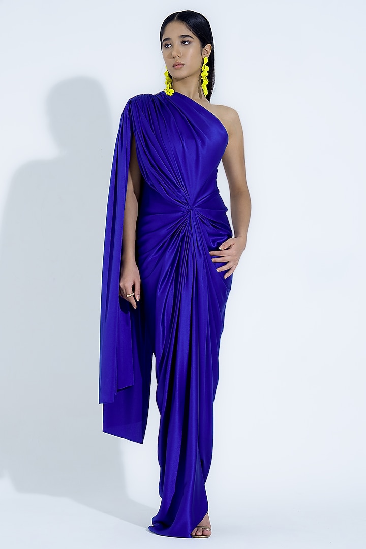 Royal Blue Satin Asymmetrical Draped Gown by NA-KA at Pernia's Pop Up Shop