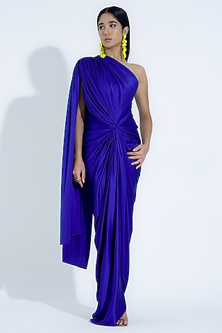 Royal Blue Satin Asymmetrical Draped Gown by NA-KA
