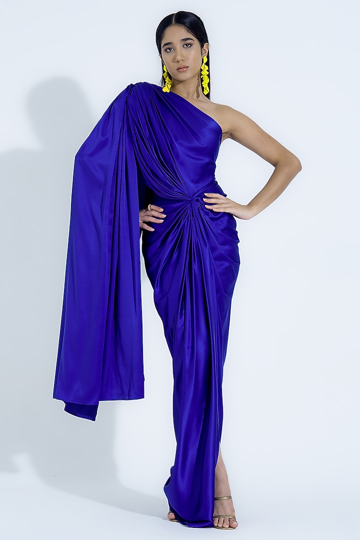 Royal Blue Satin Asymmetrical Draped Gown by NA-KA at Pernia's Pop Up Shop