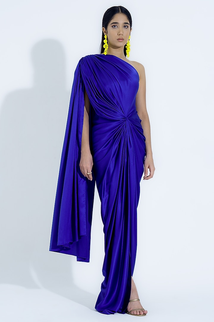Royal Blue Satin Asymmetrical Draped Gown by NA-KA at Pernia's Pop Up Shop